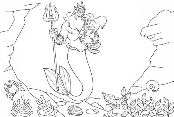 King Triton carrying Baby Ariel Coloring Page