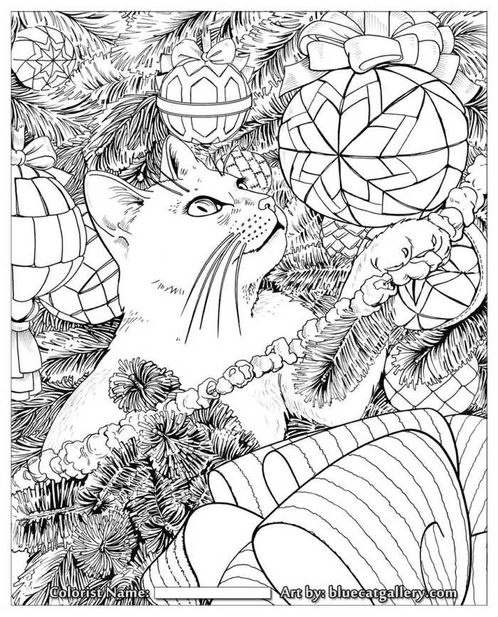 Kitty In Christmas Tree Coloring Page For Adults