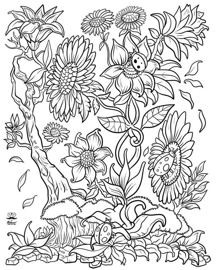 Ladybugs In The Flowers Coloring Page