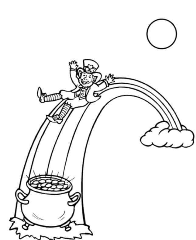 Leprechaun On Rainbow With Pot Of Gold Coloring Page