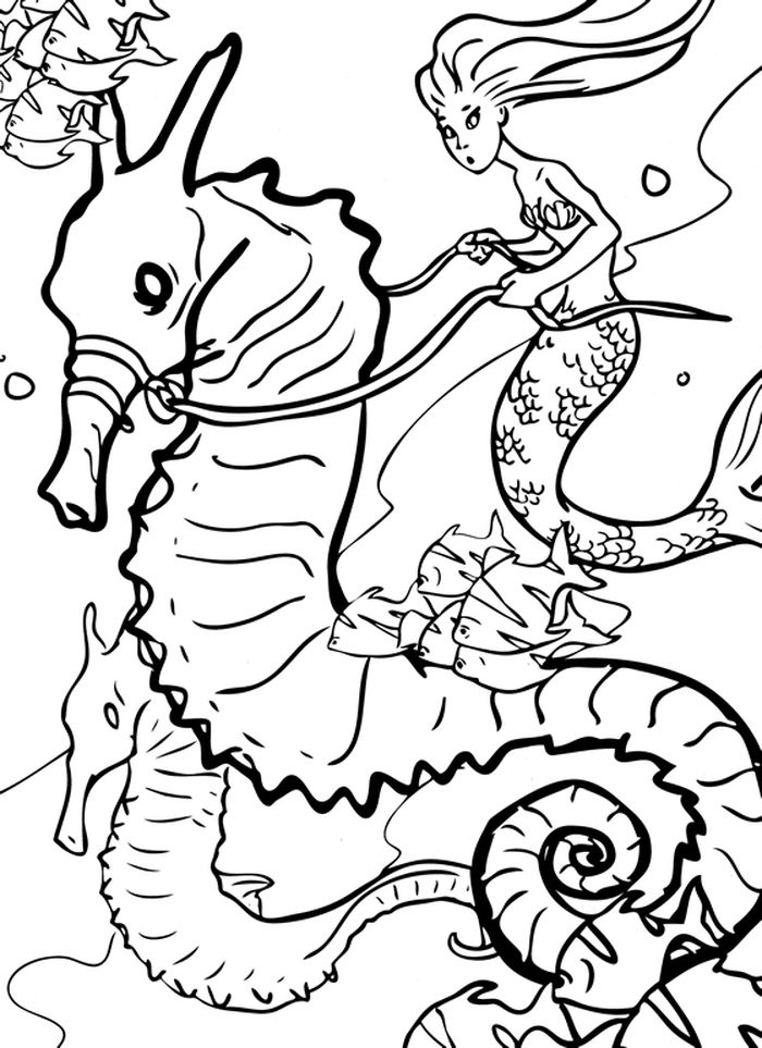 Mermaid Riding Seahorse Coloring Pages