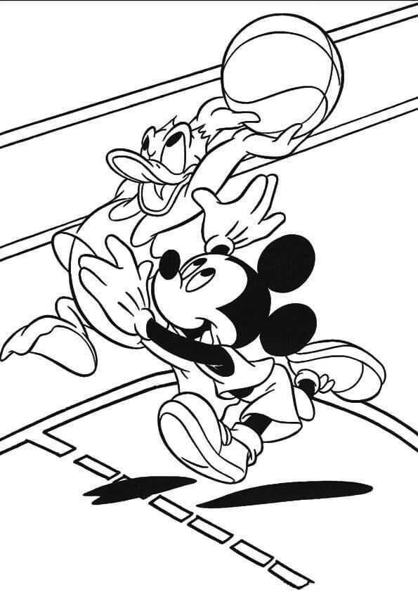 Mickey And Donald Playing Basketball Coloring Page