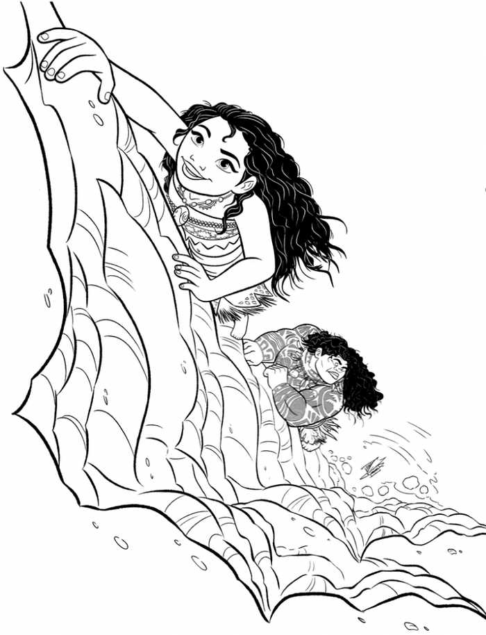 Moana And Maui Climbing The Cliff Moana Coloring Page