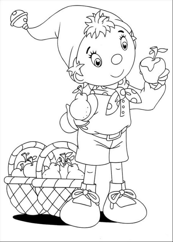 Noddy and apples in basket coloring picture