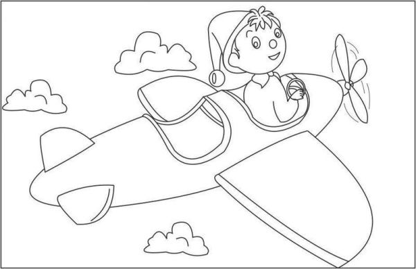 Noddy flying airplane coloring sheet for kids