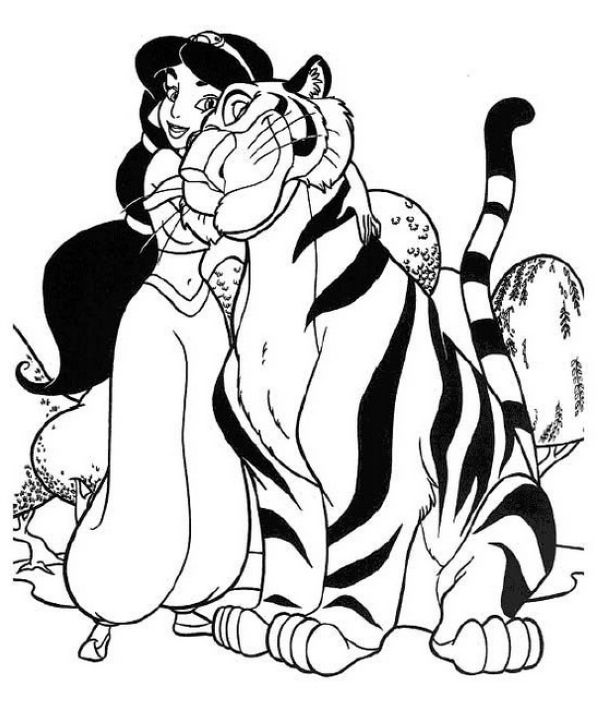Princess Jasmine and Rajah Tiger Coloring Picture