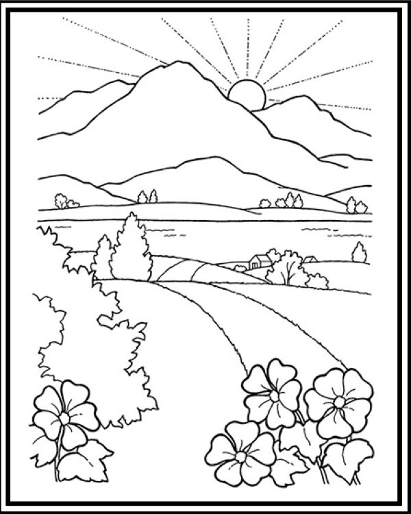 road-to-mountain-and-sunset-scenery-coloring-sheet