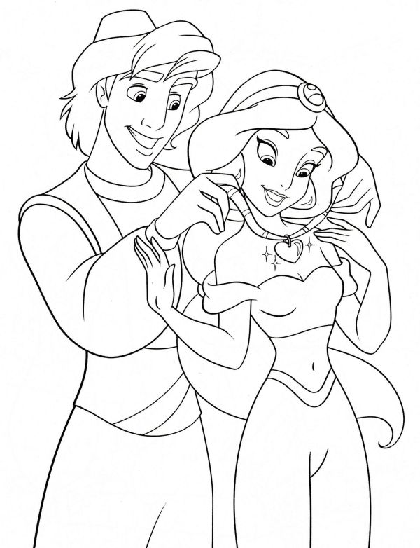 Romantic Aladdin and Jasmine Coloring Sheet
