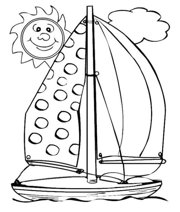 Sailboat with Smiling Sun Cartoon Coloring Sheet