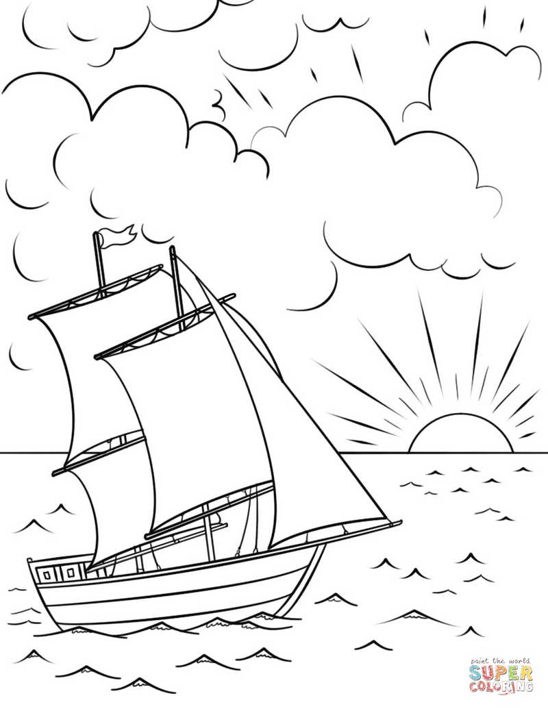 Sailing Ship At Sunset Coloring Page