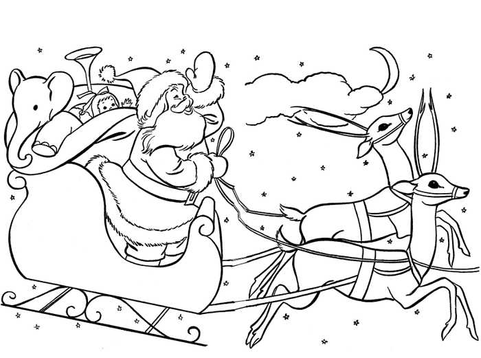 Santa And Reindeer Scene Coloring Page