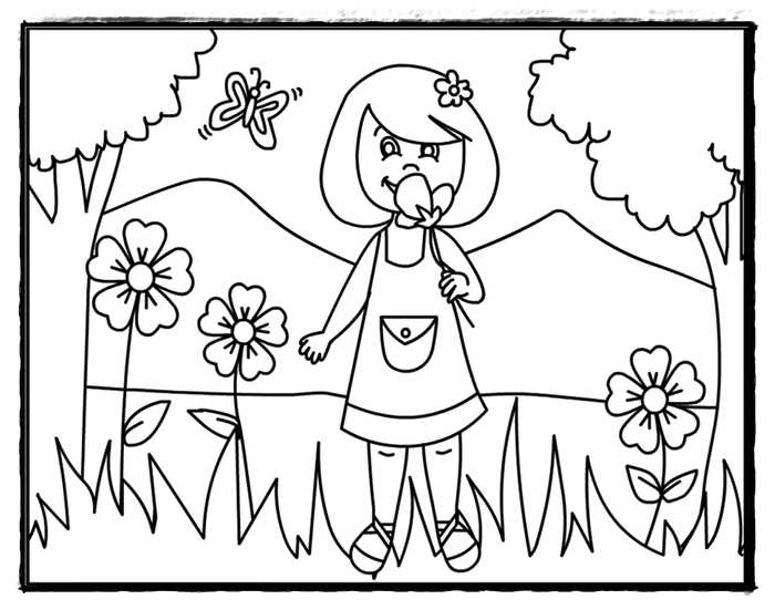 Smelling Flowers Kindergarten Coloring Page