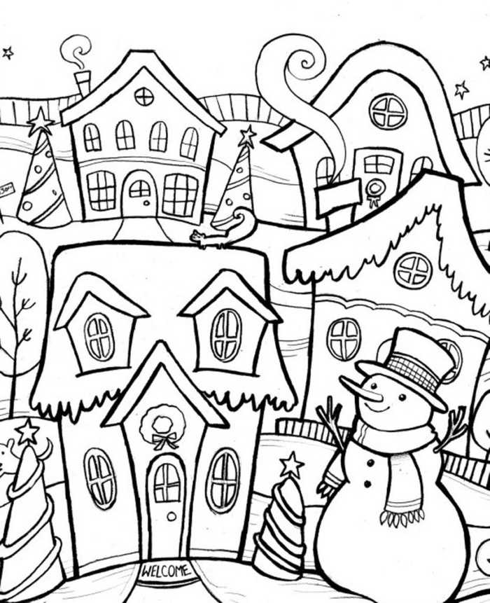 Snowman In Winter Town Scene Coloring Page