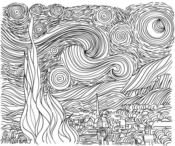 Starry Night Line Art Coloring Page