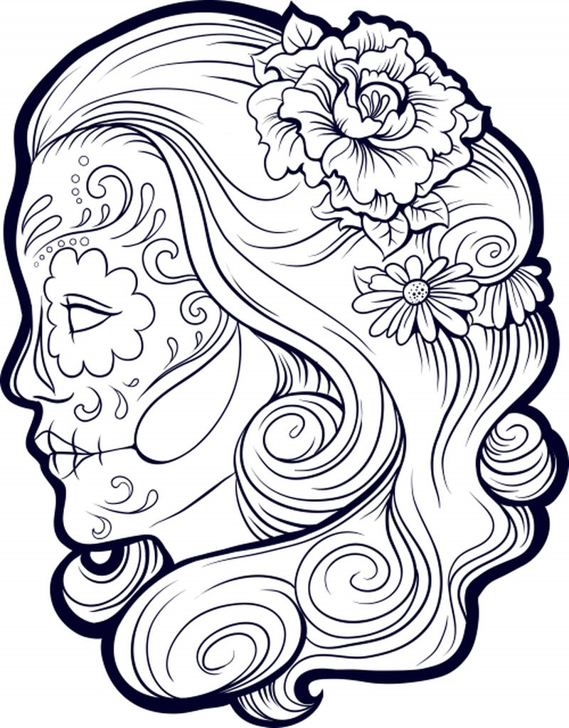Sugar Skull Girl Coloring Page for Adults