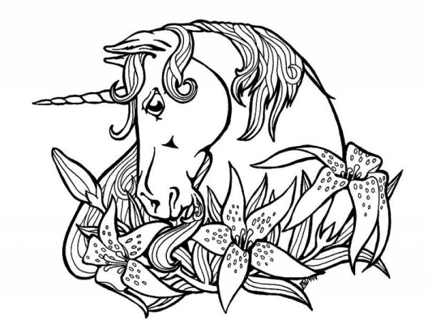 Sweet Outline Unicorn And Lily Flowers Tattoo Design Coloring Pages Printable