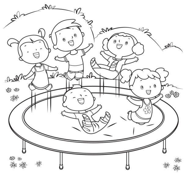 vector coloring book, kids jumping on trampoline