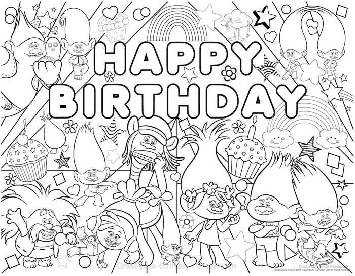 Trolls Happy Birthday Coloring Page