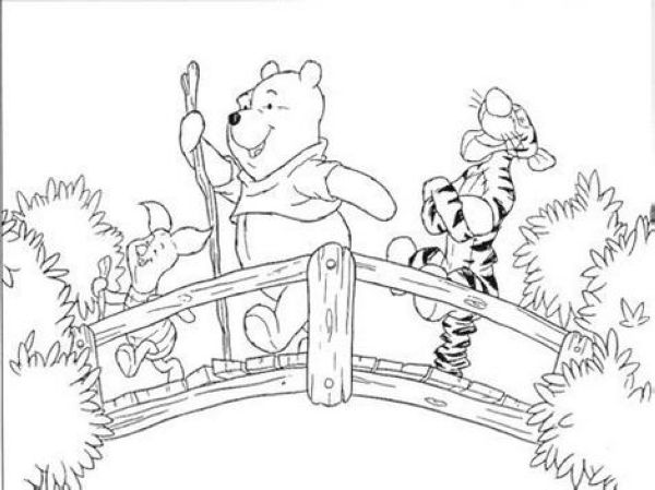 Winnie the Pooh crossing a bridge coloring page