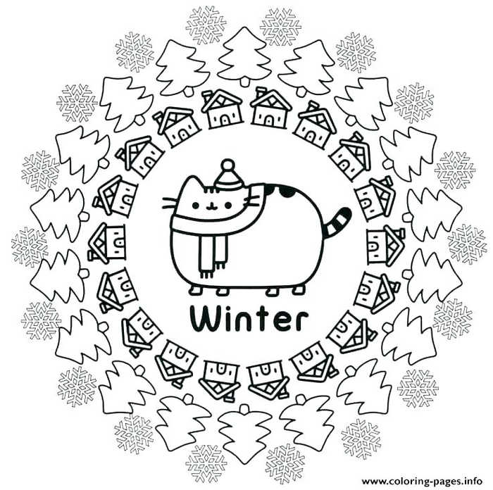 Winter Kawaii Cat Coloring Page