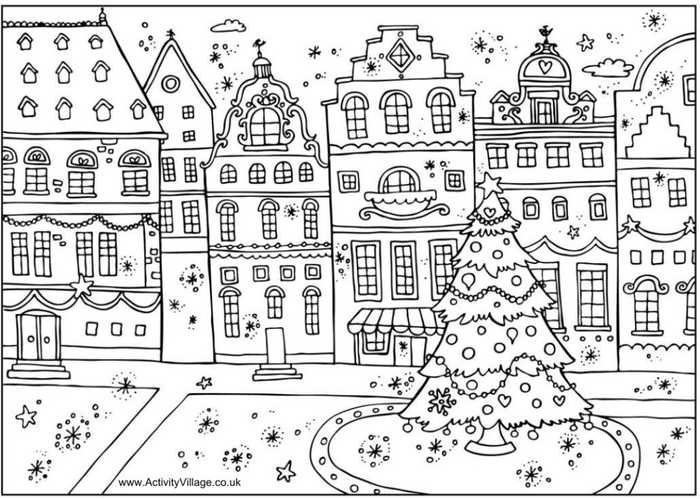 Winter Town Scene Coloring Page