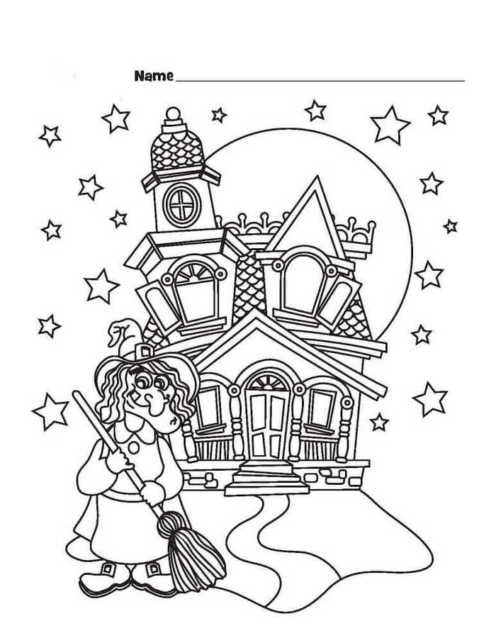 Witch And Haunted House Coloring Sheet To Print