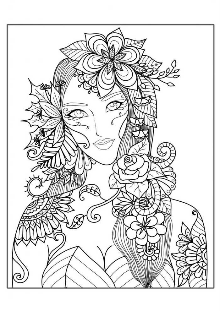 Woman With Flowers Coloring Page For Adults