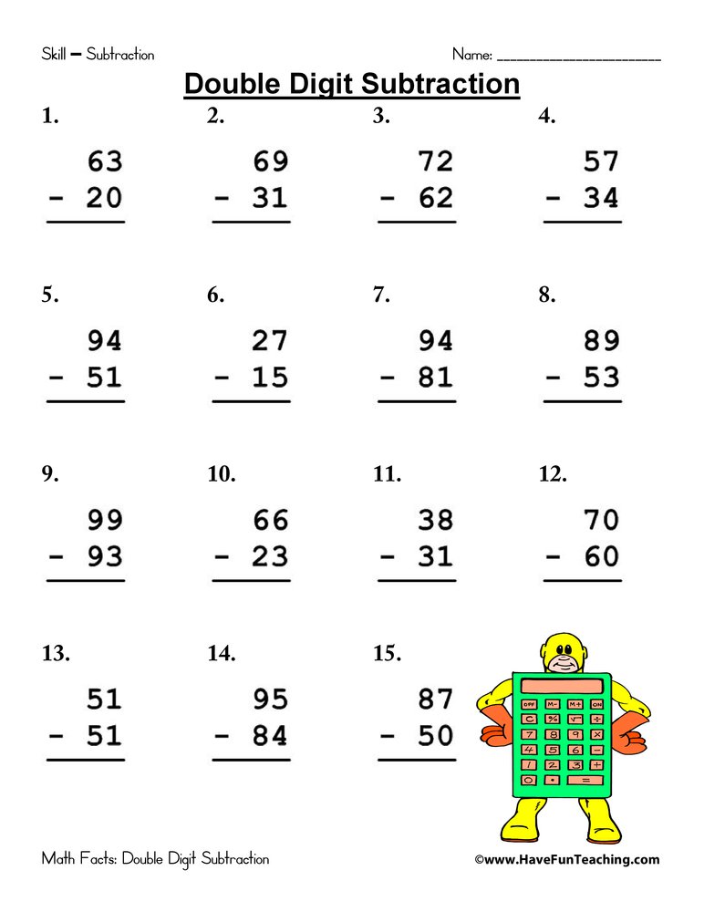 double digit subtraction worksheet
