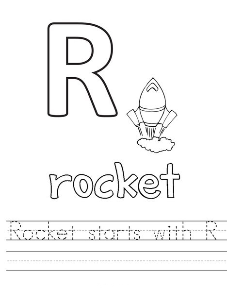 coloring pages that start with the letter r with a rocket