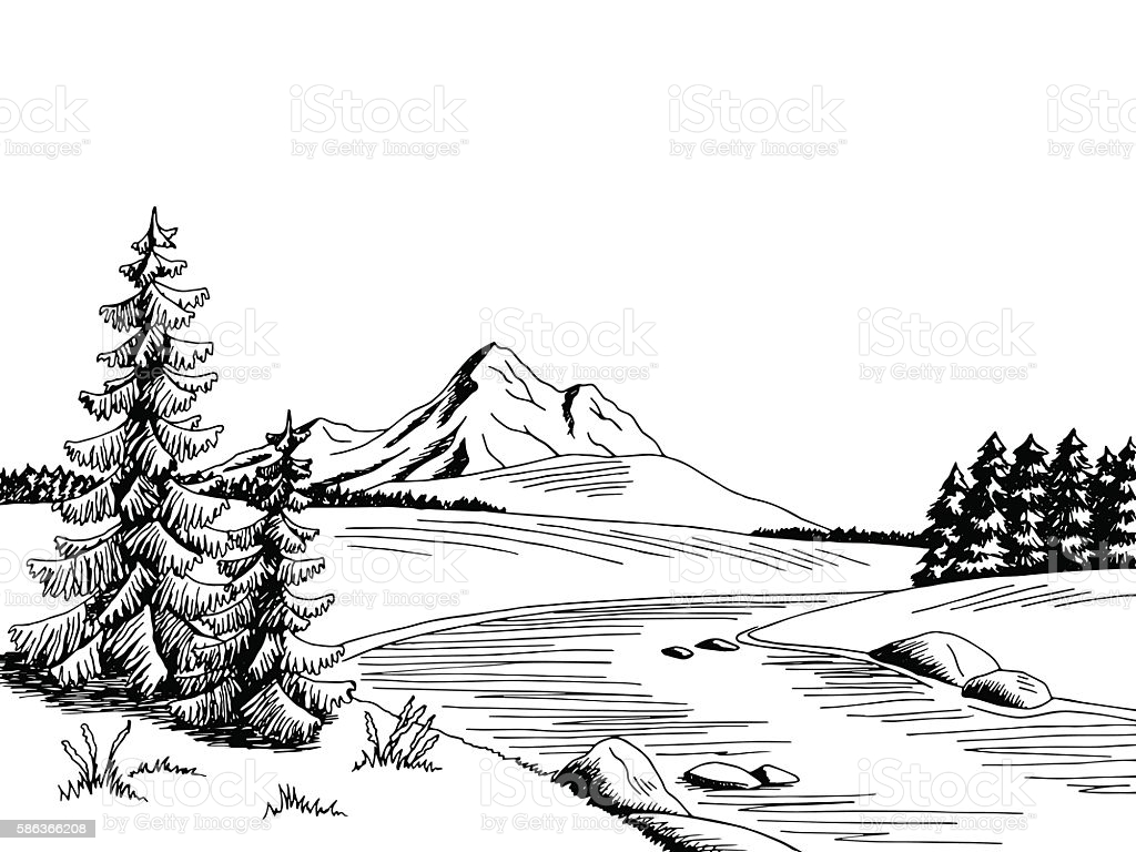 mountain river graphic art black white landscape sketch illustration vector