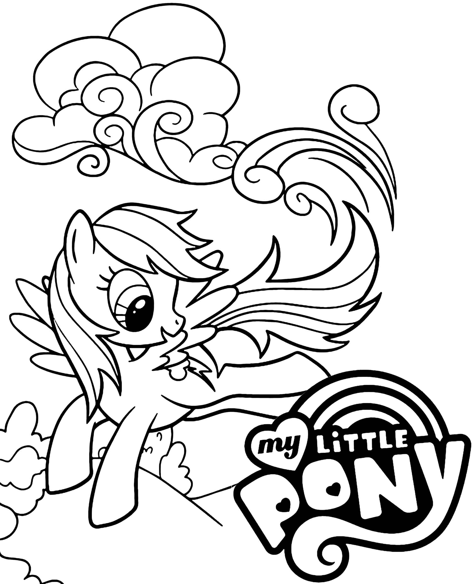coloring sheet rainbowdash flies in the clouds with logo