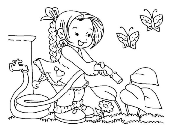 girl watering plant in flower garden coloring sheet