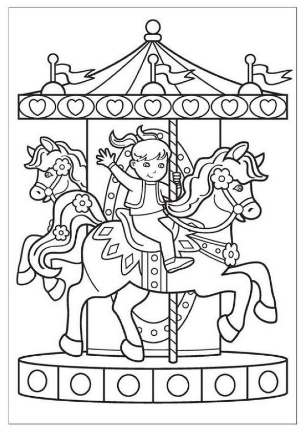 happy kid riding carousel coloring page