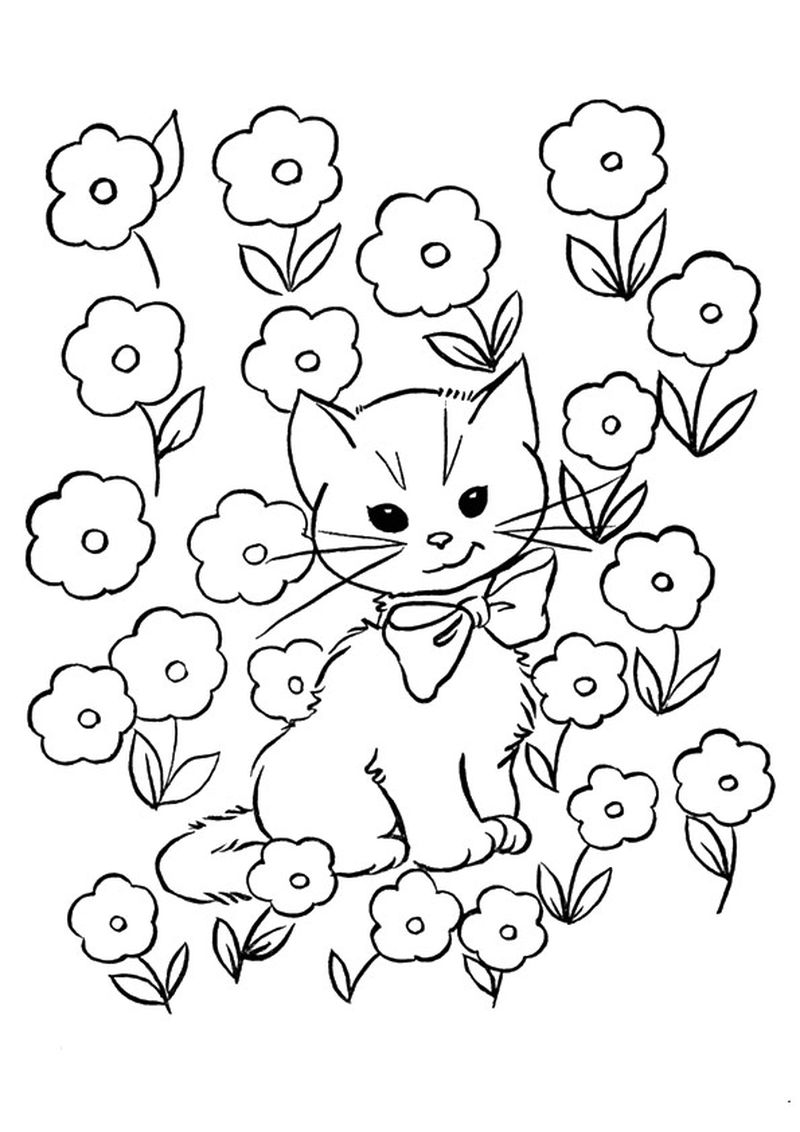 kitten in flowers coloring page