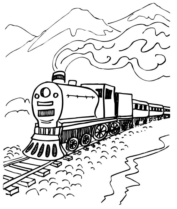 steam train coloring page with mountain scenery