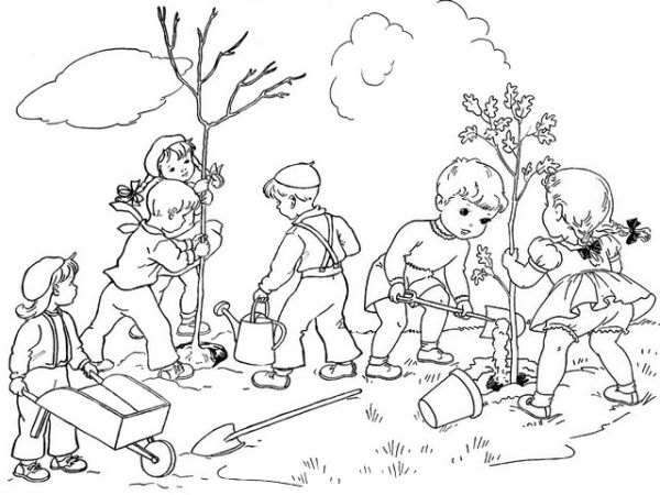 students planting activities coloring page of arbor day